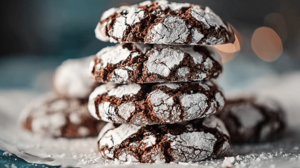 air fryer chocolate crinkle cookies stacked with powdered sugar coating
