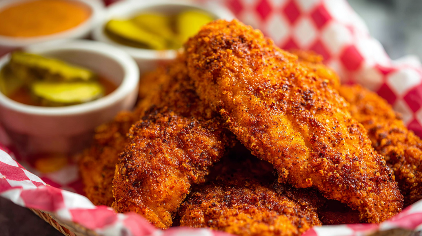 air fryer nashville hot chicken tenders with spicy crispy coating served with pickles and dipping sauce