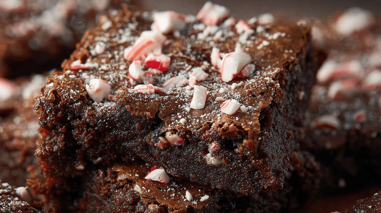 air fryer peppermint brownies topped with crushed candy canes and rich chocolate texture