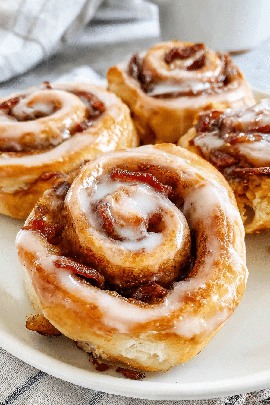 bacon cinnamon rolls topped with melted icing and crispy bacon bits on a white plate