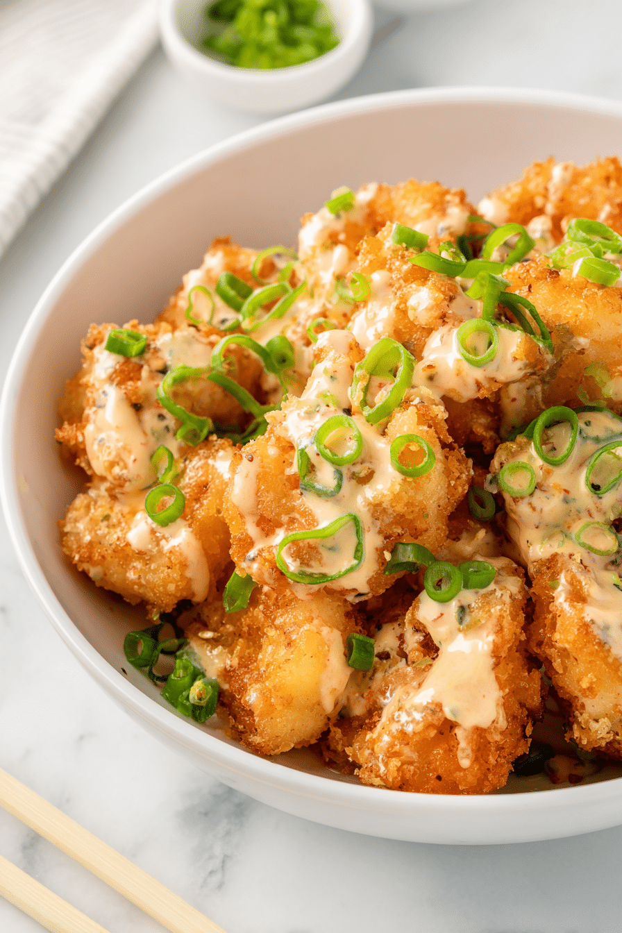 bang bang shrimp with crispy coating and creamy spicy sauce topped with green onions in a white bowl