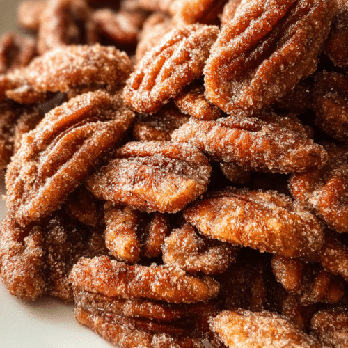 candied pecans coated in cinnamon sugar on a white plate