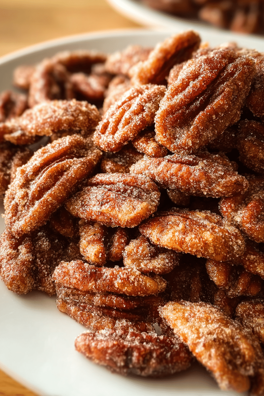 candied pecans coated in cinnamon sugar on a white plate