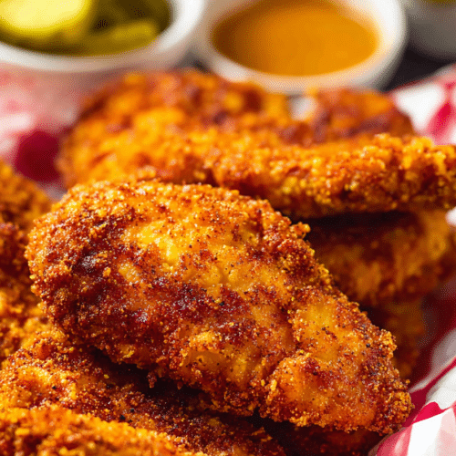 nashville hot chicken tenders with spicy crunchy coating in a checkered basket