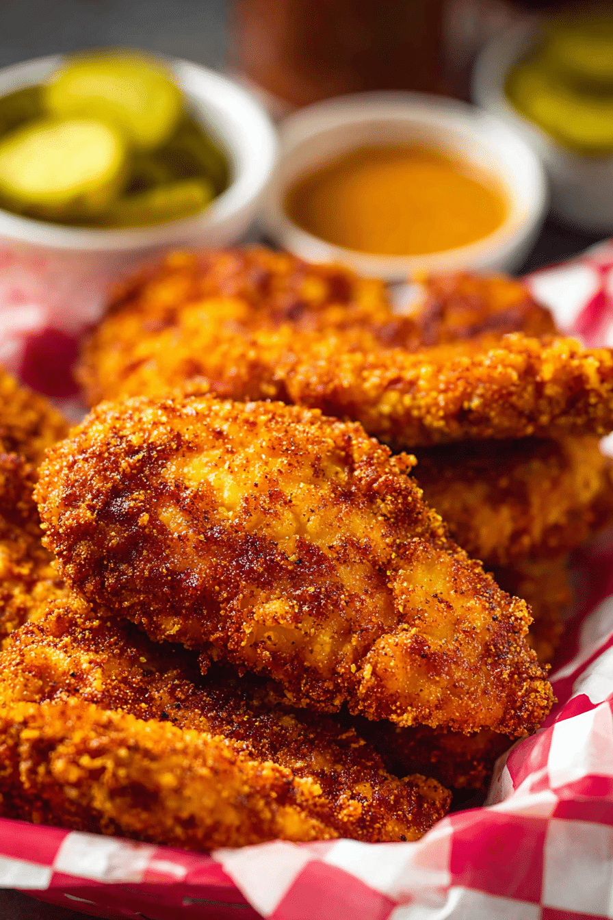 nashville hot chicken tenders with spicy crunchy coating in a checkered basket