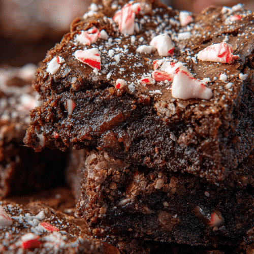 peppermint brownies stacked with crushed candy cane pieces on top