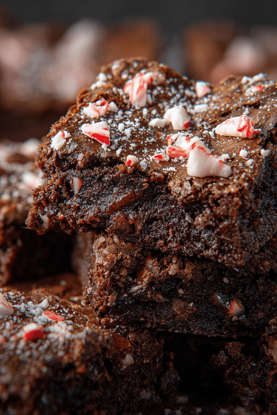 peppermint brownies stacked with crushed candy cane pieces on top