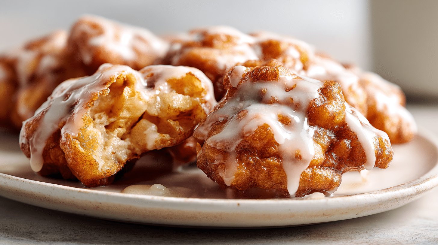 Golden air fryer apple fritters with glaze and visible apple chunks