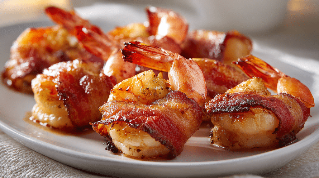 Crispy air fryer bacon-wrapped shrimp on white plate