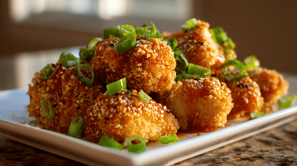 Crispy air fryer bang bang chicken coated in creamy sweet chili sauce on white plate