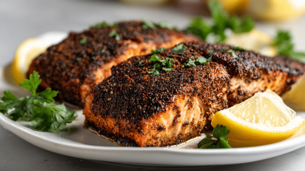 Overhead view of air fryer blackened salmon showing flaky texture