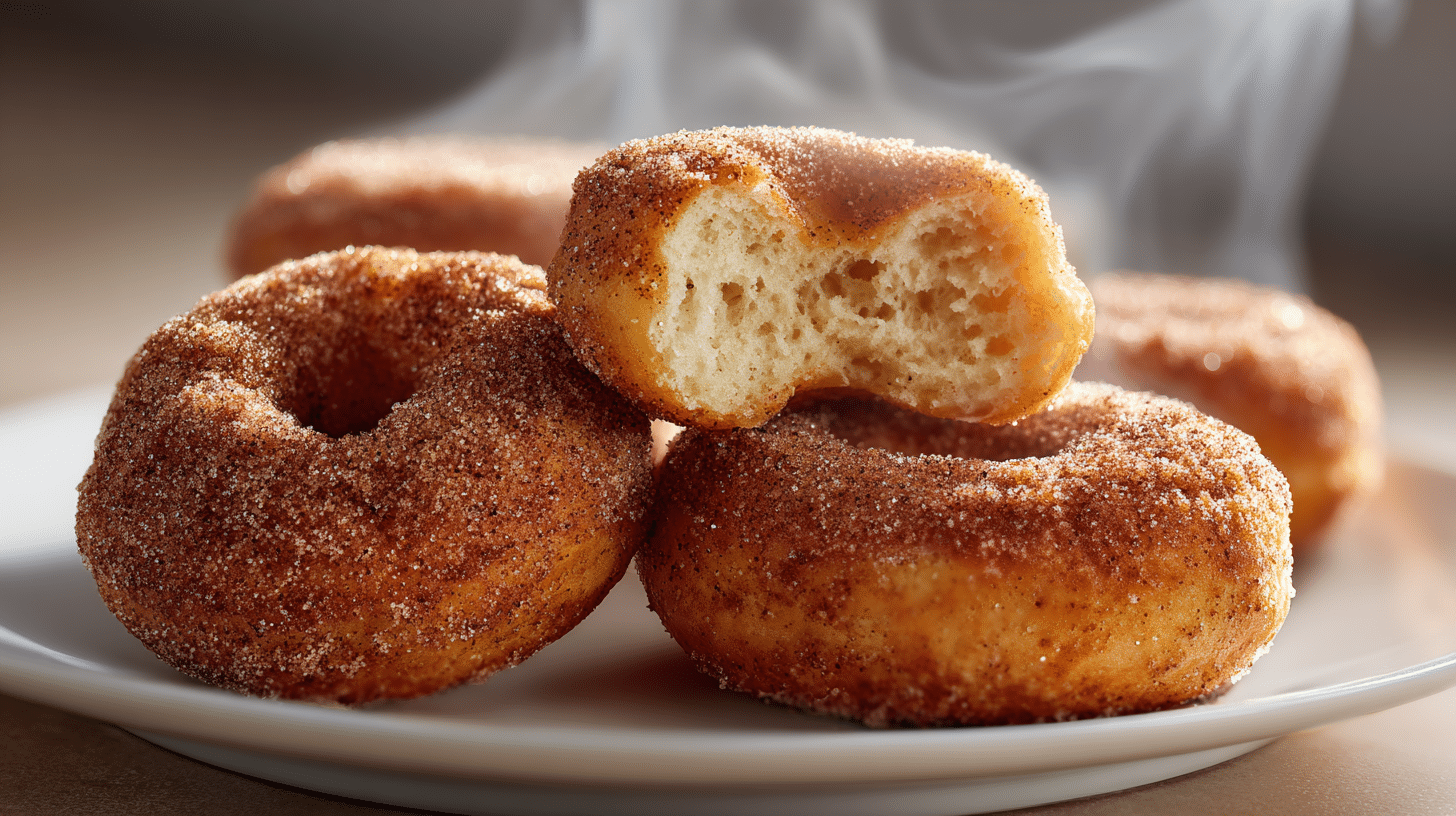 Golden cinnamon sugar air fryer breakfast donuts on white plate with fluffy interior