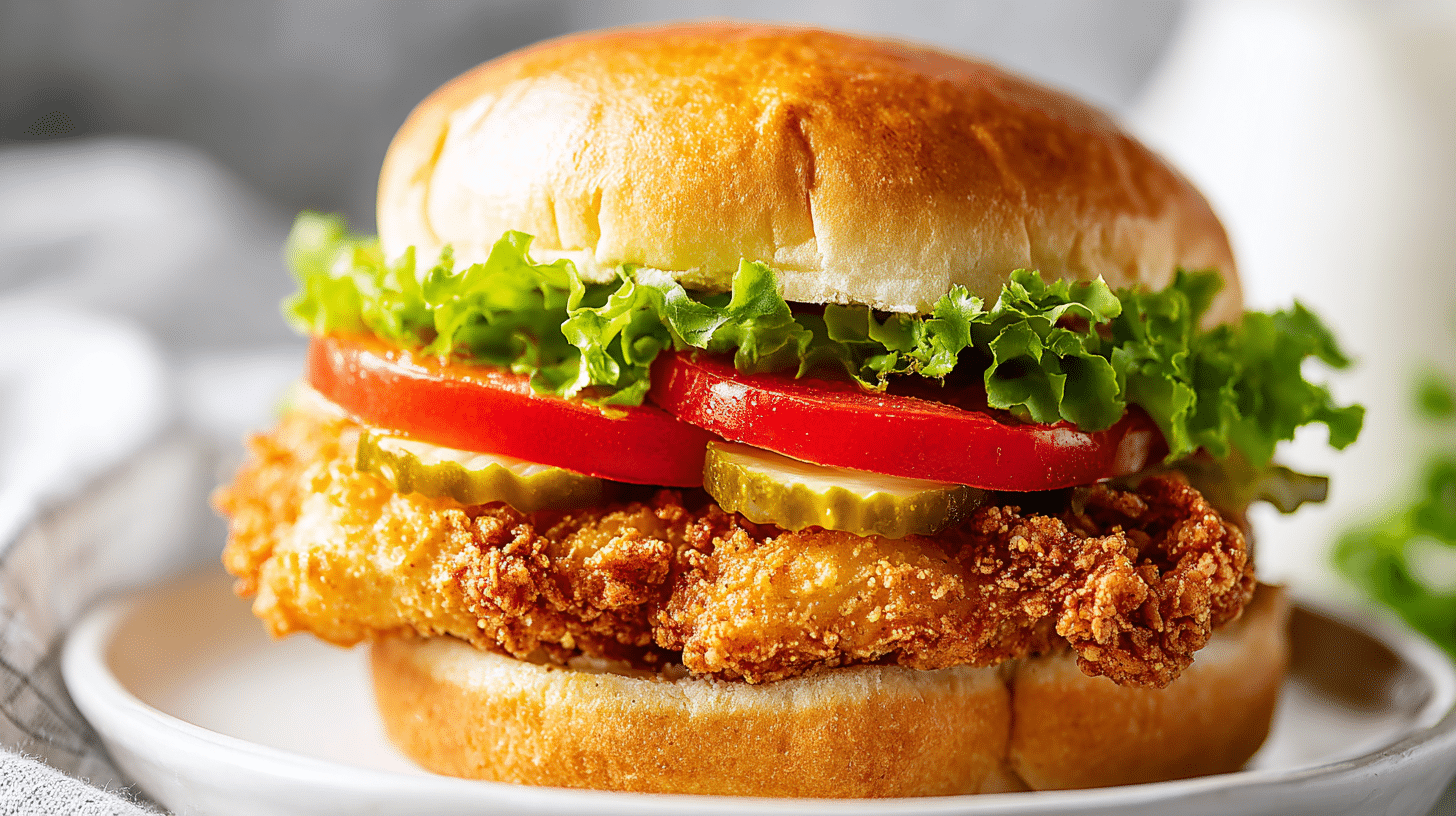 Crispy air fryer chicken sandwich with lettuce and tomato on brioche bun