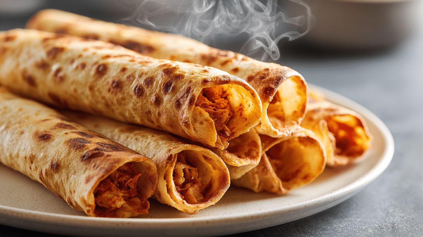 Crispy golden air fryer chicken taquitos with cheesy shredded chicken filling