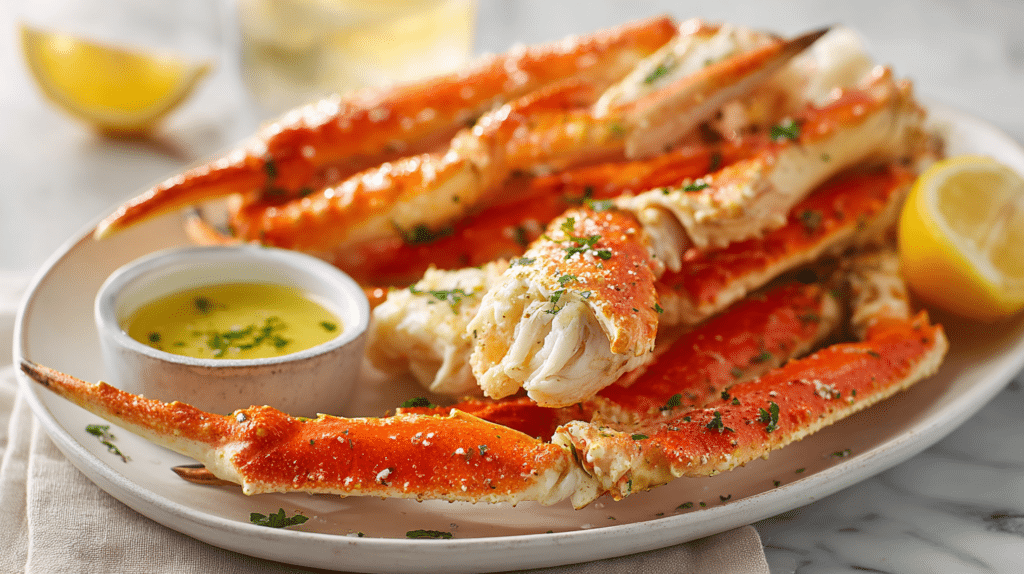 Buttery air fryer crab legs served with melted butter and lemon wedges