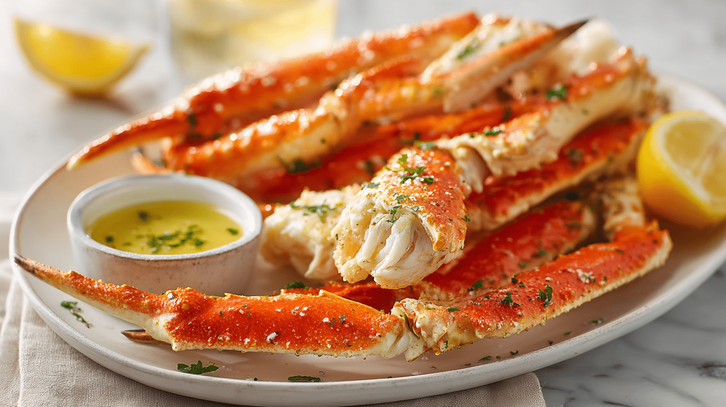 Buttery air fryer crab legs served with melted butter and lemon wedges