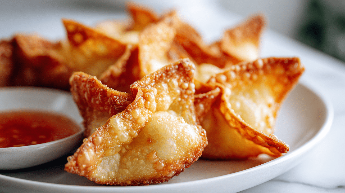 Crispy golden air fryer crab rangoon with sweet chili dipping sauce