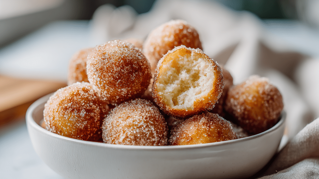 Golden air fryer doughnut holes coated in cinnamon sugar