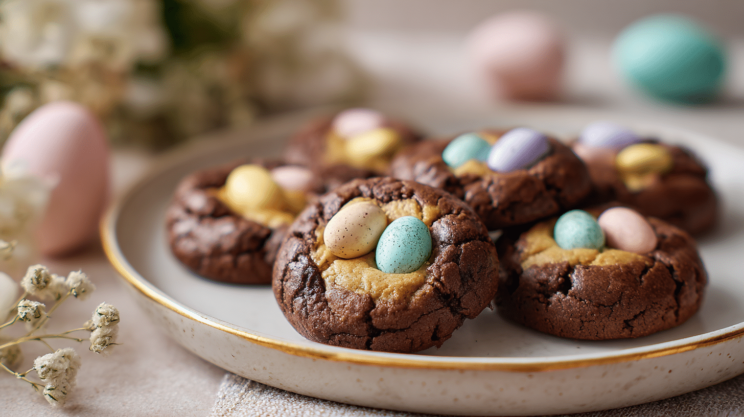 Air fryer Easter chocolate egg cookies with pastel candy eggs