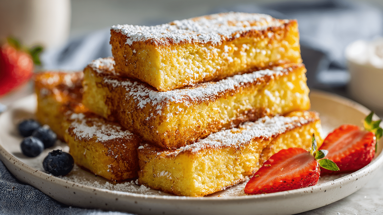 Air fryer Easter morning French toast sticks with powdered sugar and berries