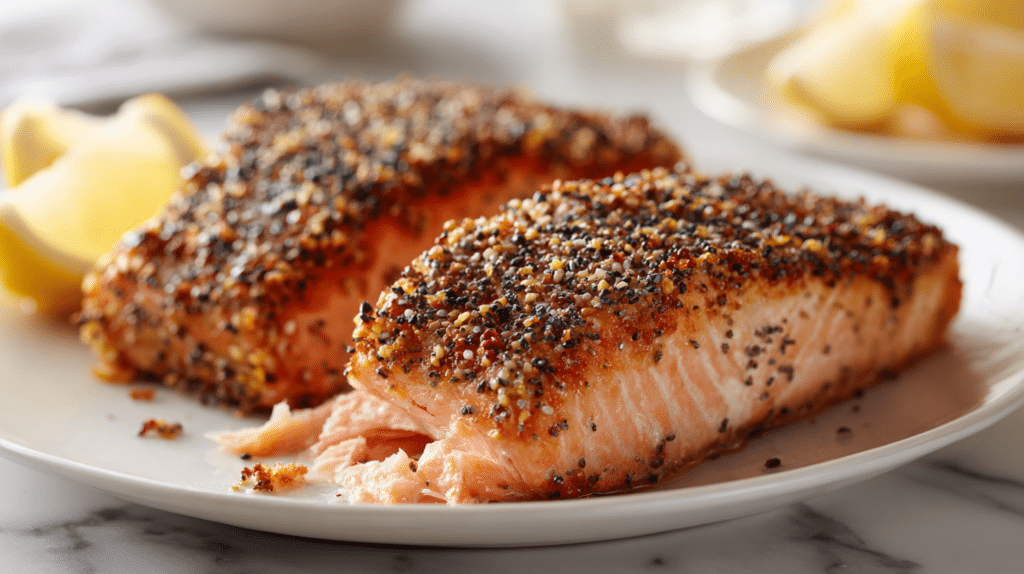 Crispy air fryer everything bagel salmon fillets with lemon on white plate