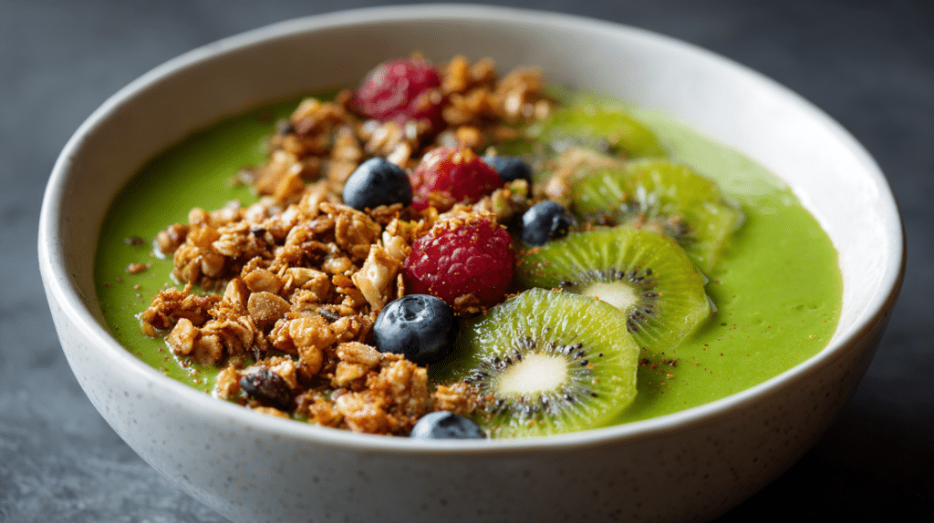 Green smoothie bowl air fryer breakfast with homemade granola