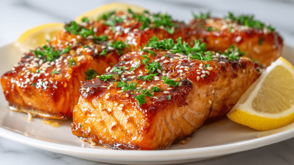 Air fryer honey garlic salmon fillets with sticky glaze and sesame seeds on white plate