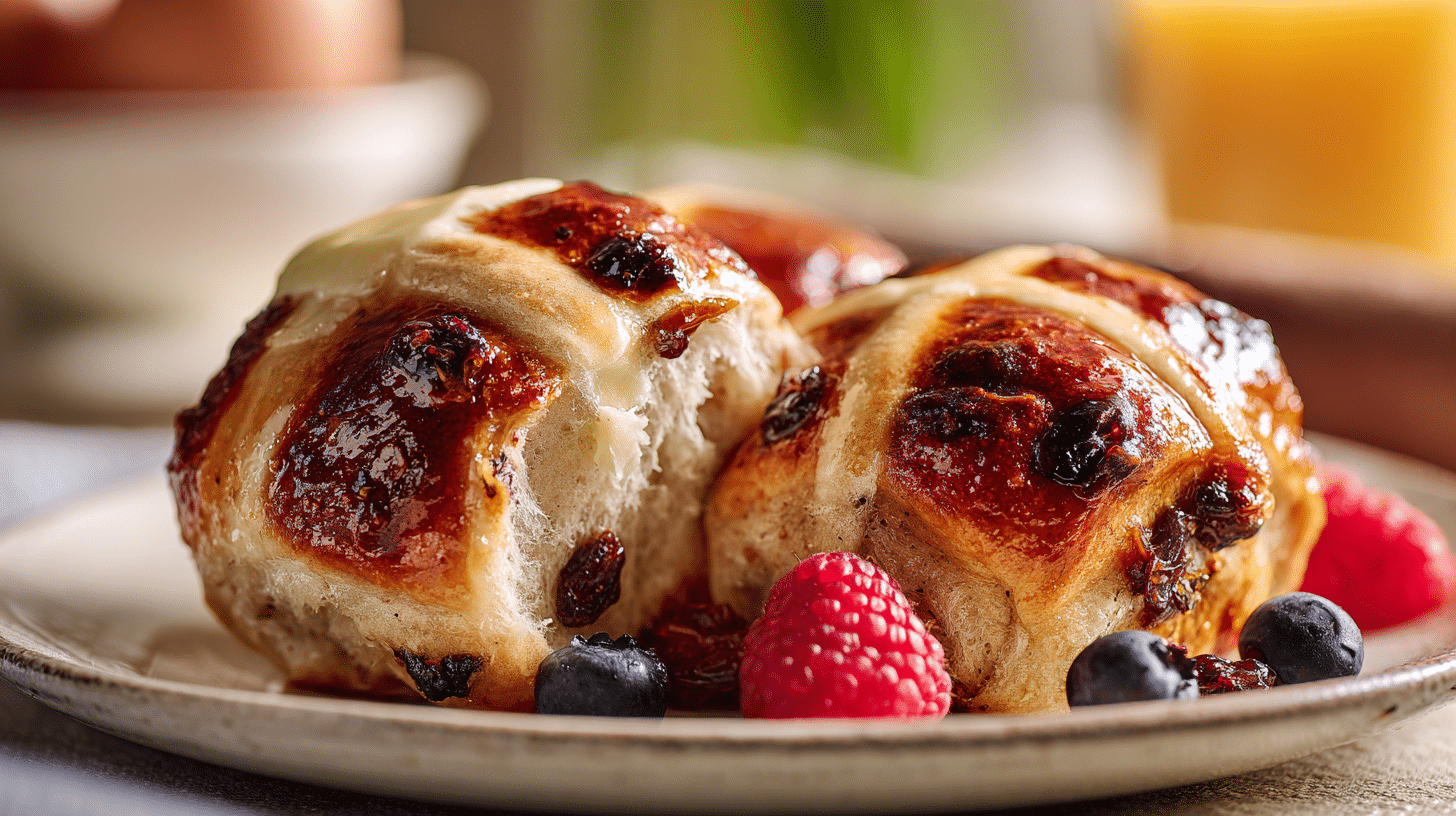 Air fryer hot cross buns breakfast with golden edges and butter