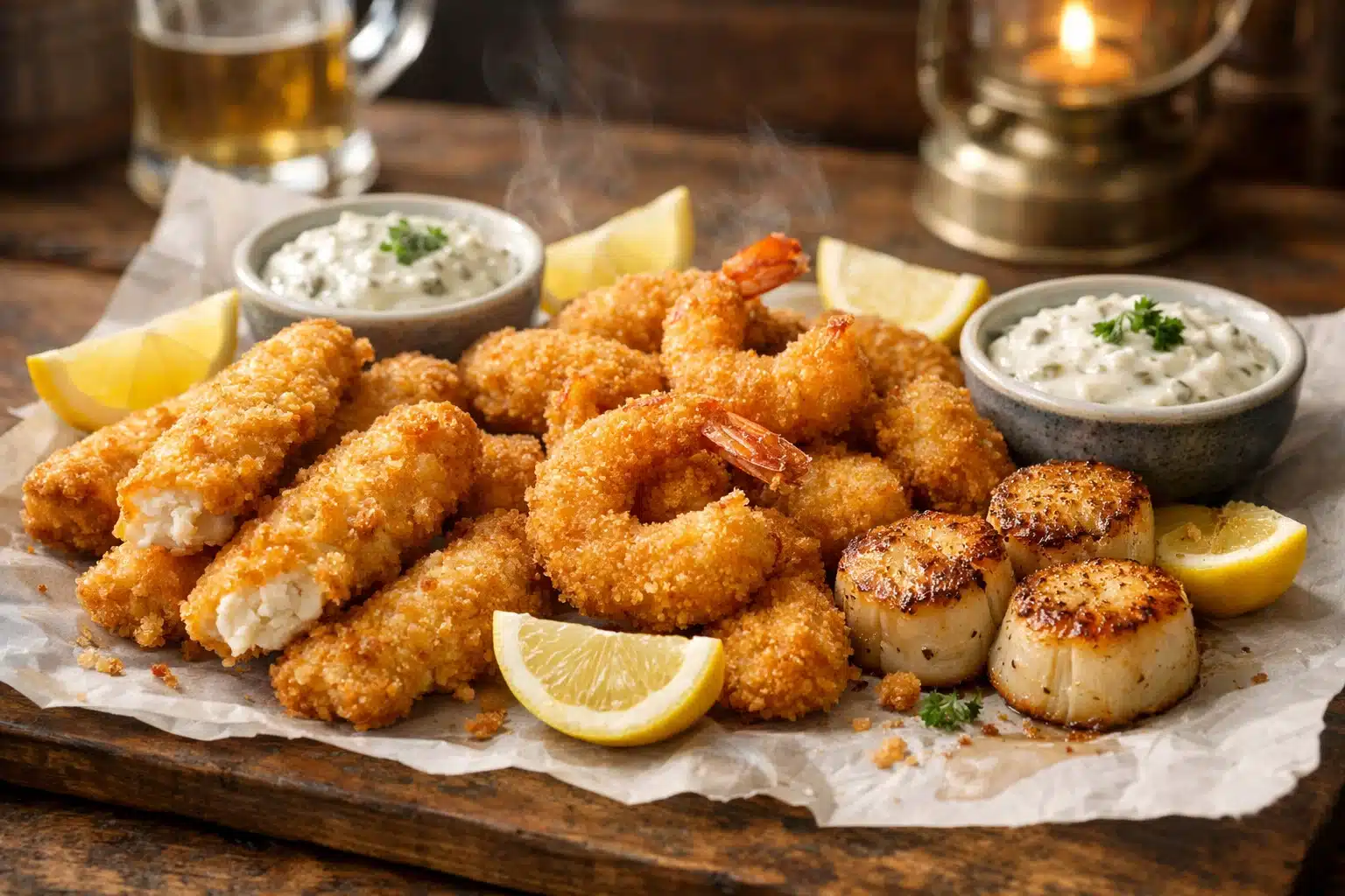 Air fryer Irish seafood platter with crispy fish shrimp and scallops