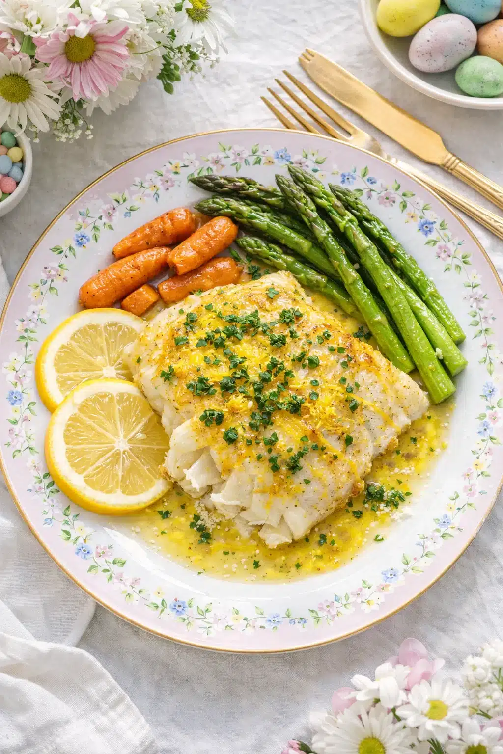 air-fryer-lemon-butter-cod-easter-dinner-vertical Overhead view of air fryer lemon butter cod Easter dinner