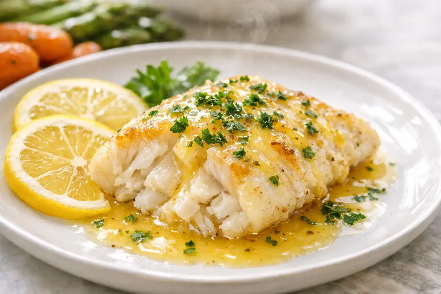 Air fryer lemon butter cod Easter dinner with parsley and lemon