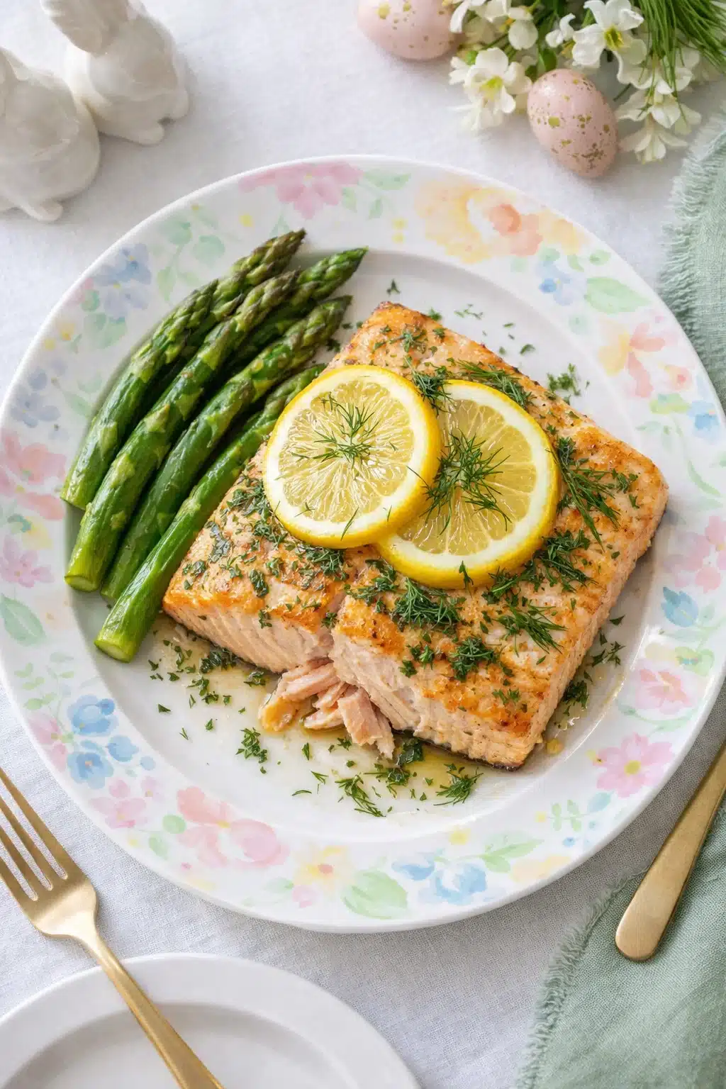 air-fryer-lemon-dill-salmon-easter-vertical Overhead view of air fryer lemon dill salmon Easter
