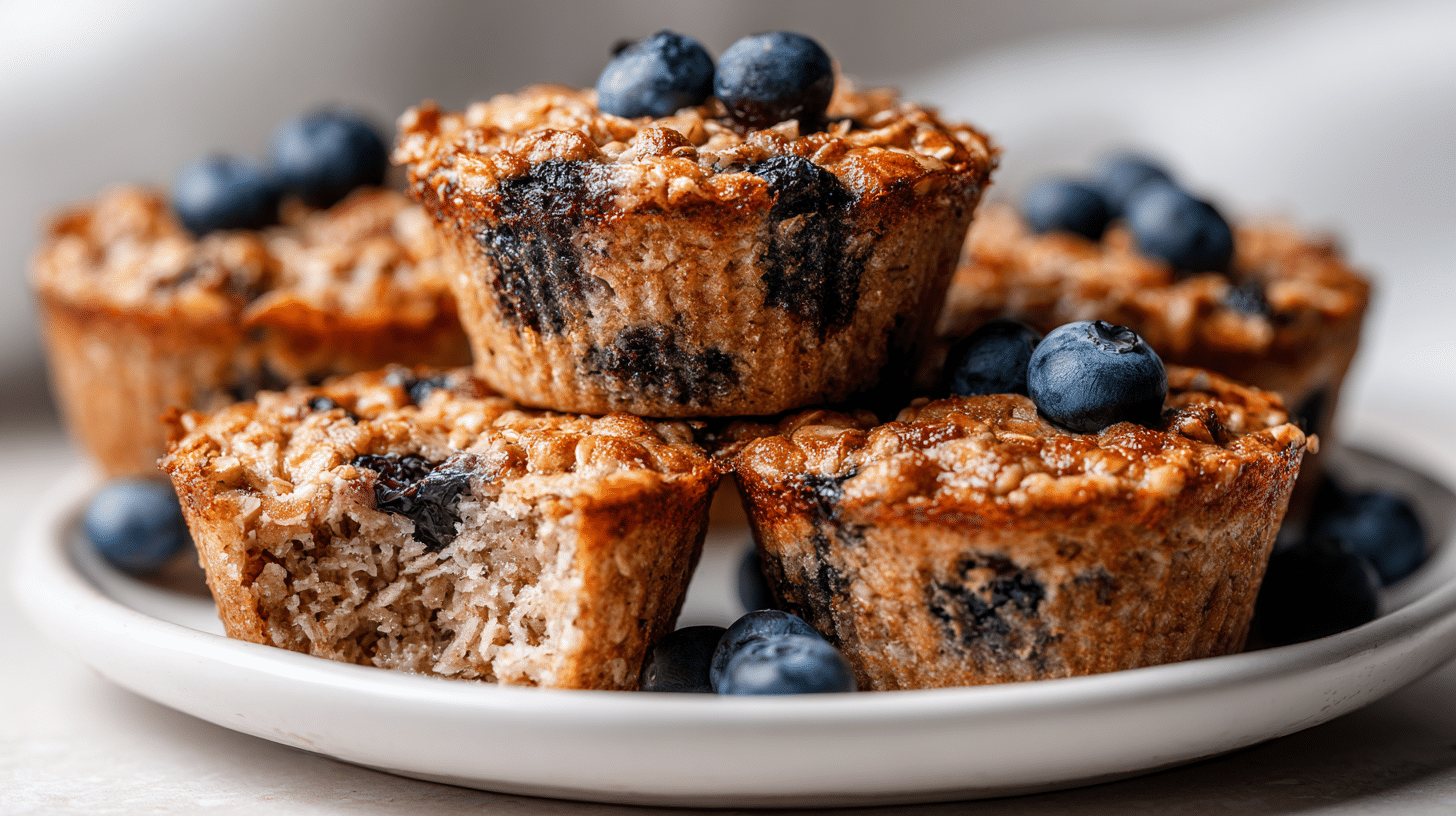 Soft air fryer oatmeal cups with blueberries on white plate