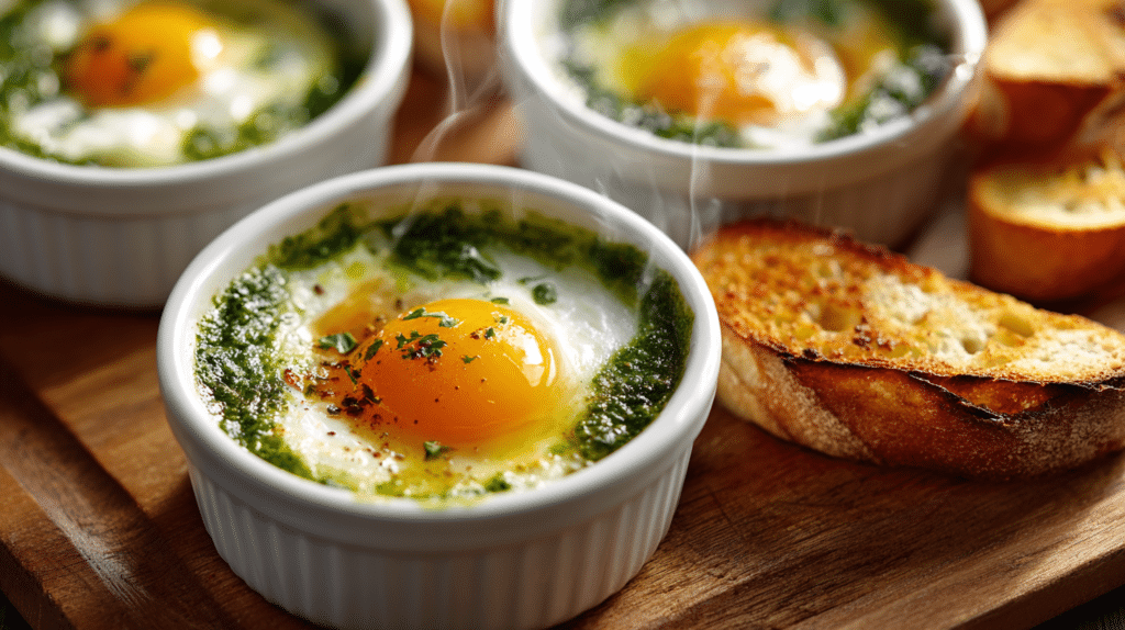 Air fryer pesto eggs with jammy yolks in white ramekins served with toast
