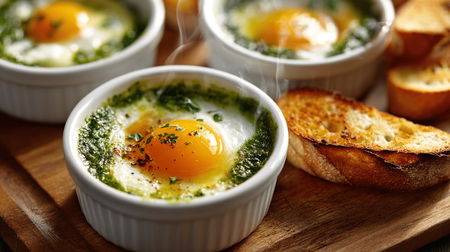 Air fryer pesto eggs with jammy yolks in white ramekins served with toast