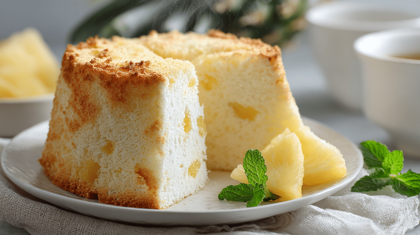 Air fryer pineapple angel food cake slice with fluffy texture