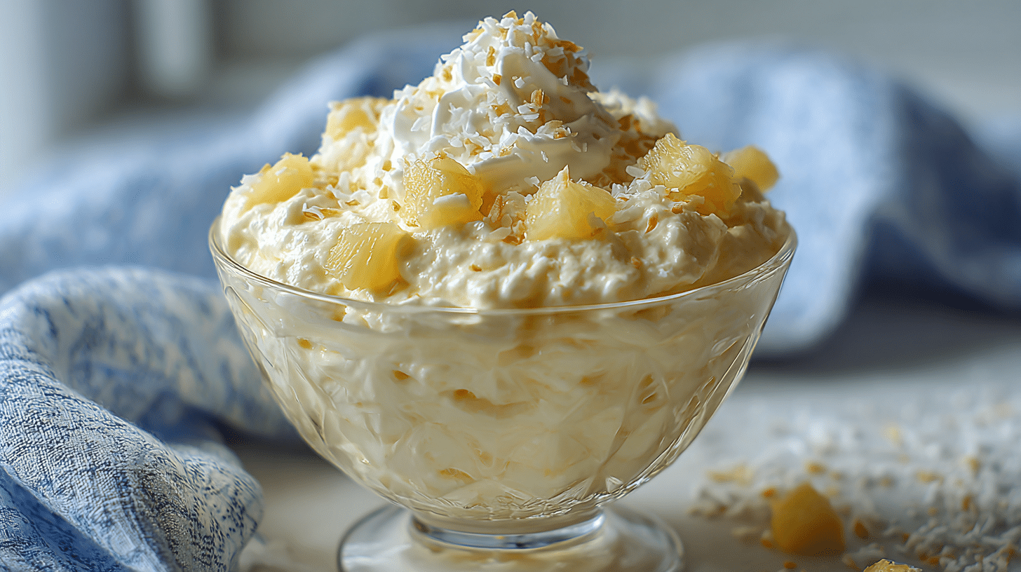 Pineapple fluff WW dessert in glass bowl with whipped topping