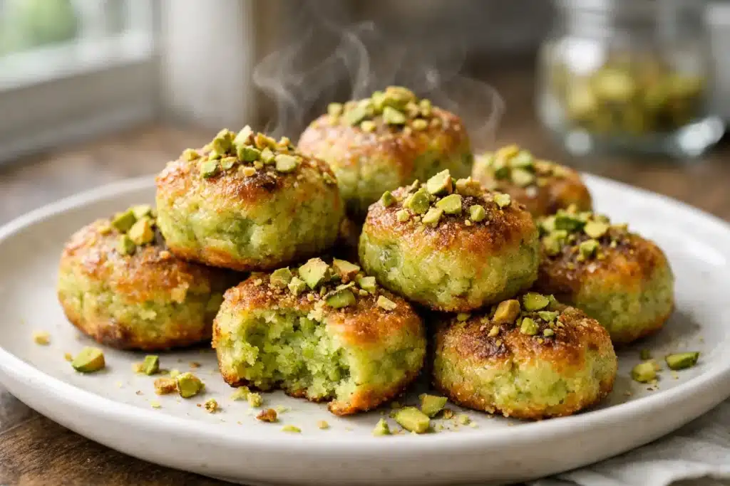 Air fryer pistachio dessert bites with soft green interior