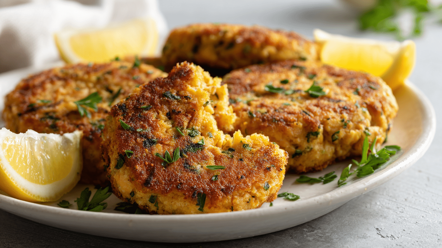 Crispy golden air fryer salmon patties with lemon wedges on white plate