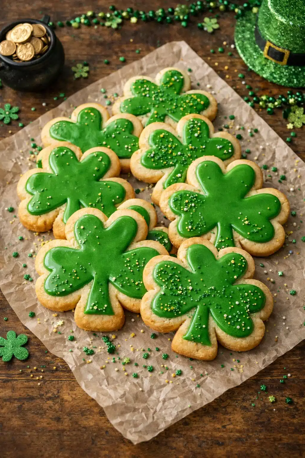 air-fryer-shamrock-sugar-cookies-vertical Overhead view of air fryer shamrock sugar cookies