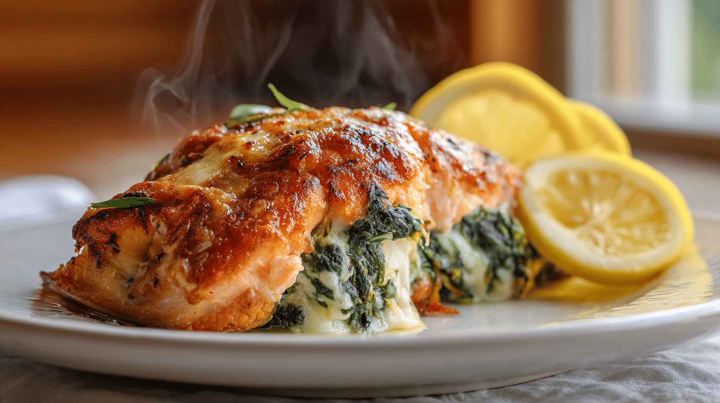 Air fryer stuffed salmon with creamy spinach filling and lemon