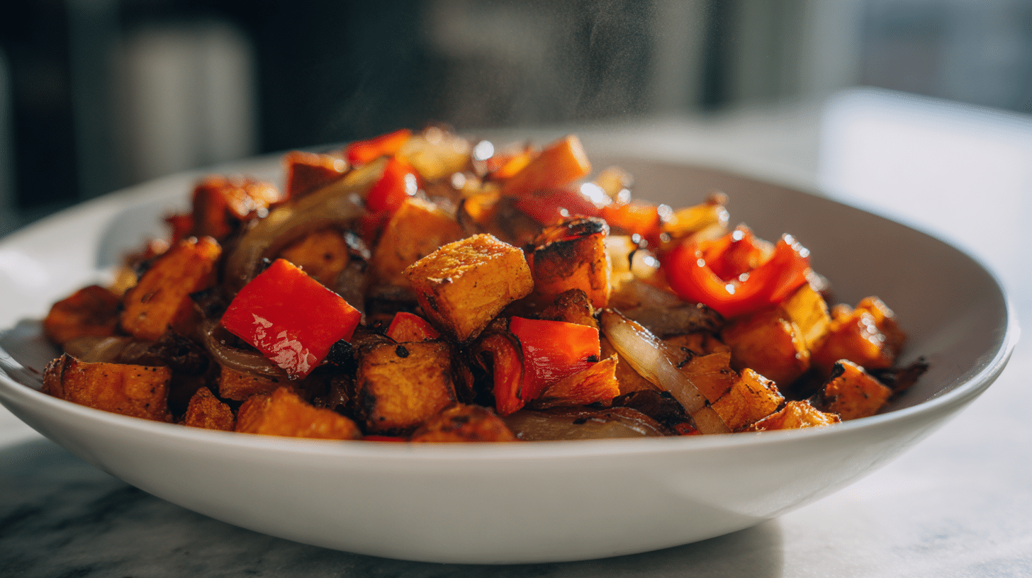 Crispy air fryer sweet potato hash with peppers and onions in white bowl