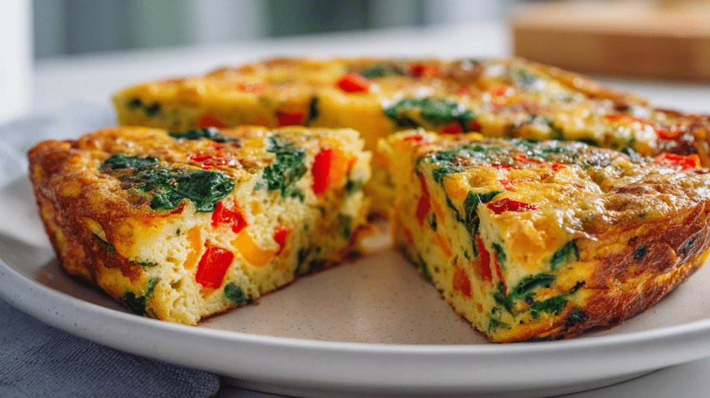 Fluffy air fryer veggie frittata with colorful vegetables on white plate