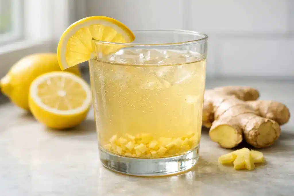 Home 5 Brazilian Mounjaro drink recipe in clear glass with lemon and ginger