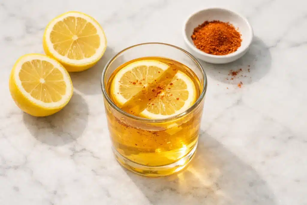 Home 6 Detox lemon cayenne water in glass mug with lemon slice and warm light