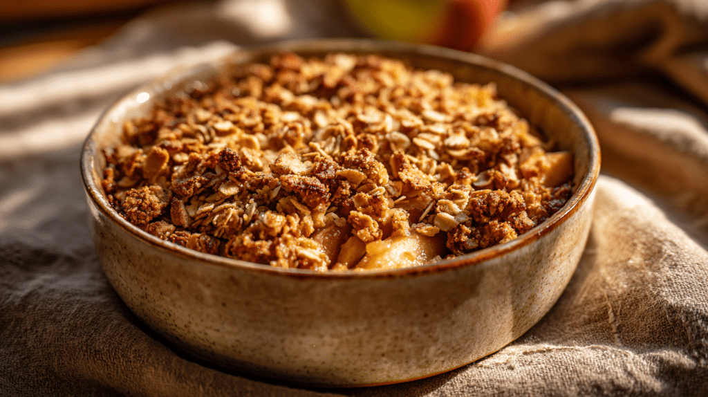 Air fryer apple crisp with golden crunchy topping and cinnamon apples in a rustic dish