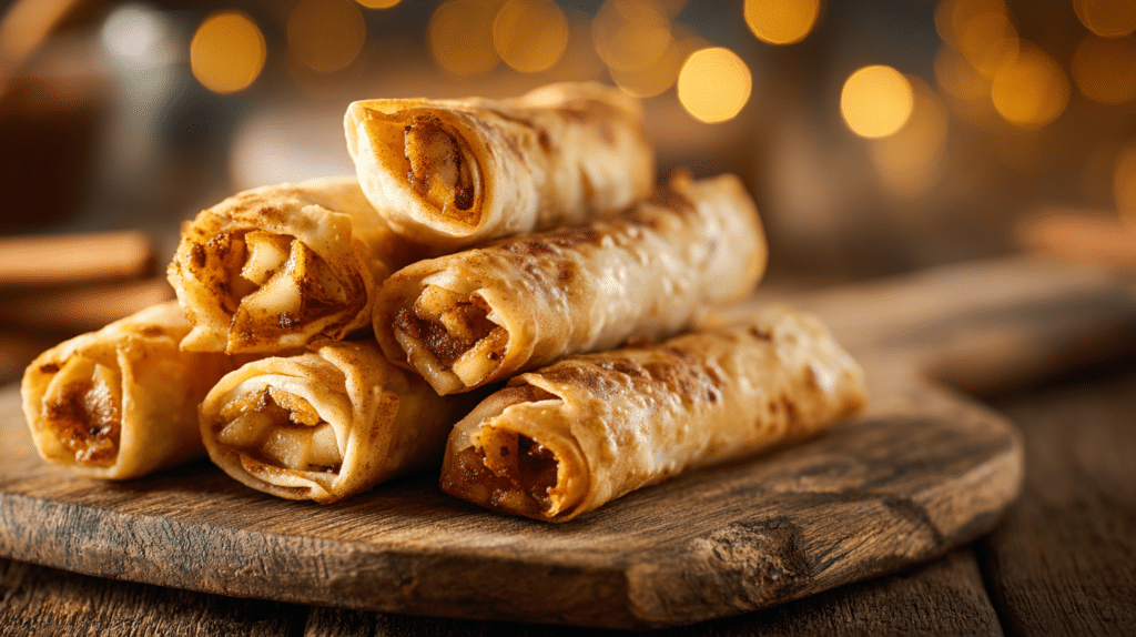 Air fryer apple pie egg rolls with crispy golden wrappers and cinnamon apple filling on wooden board