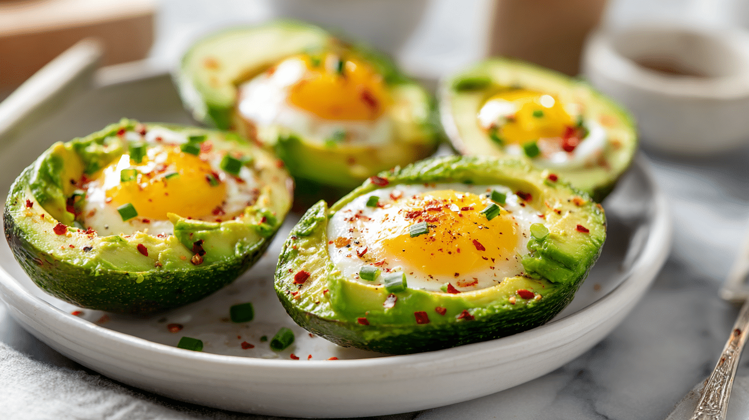 Air fryer avocado egg cups with baked eggs inside avocado halves.