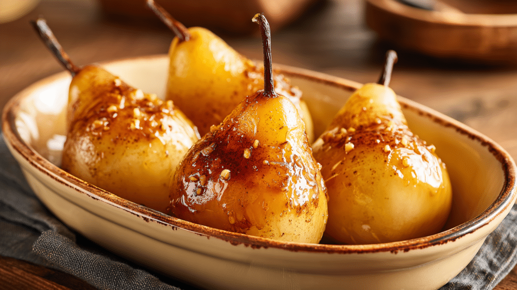 Air fryer baked pears with caramelized tops and cinnamon in a rustic dish