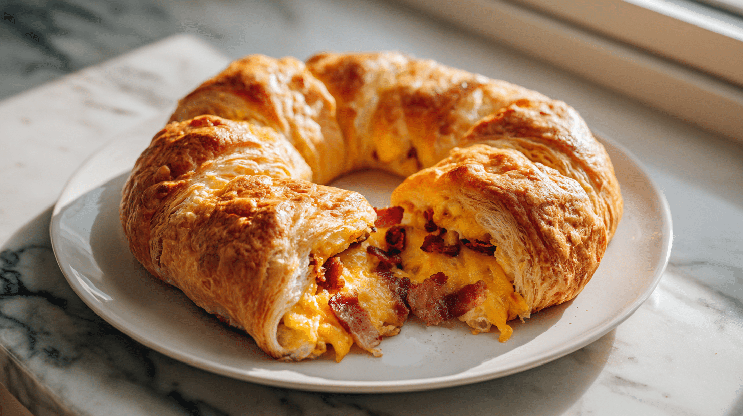 Air fryer breakfast crescent ring with golden flaky crust and savory filling.